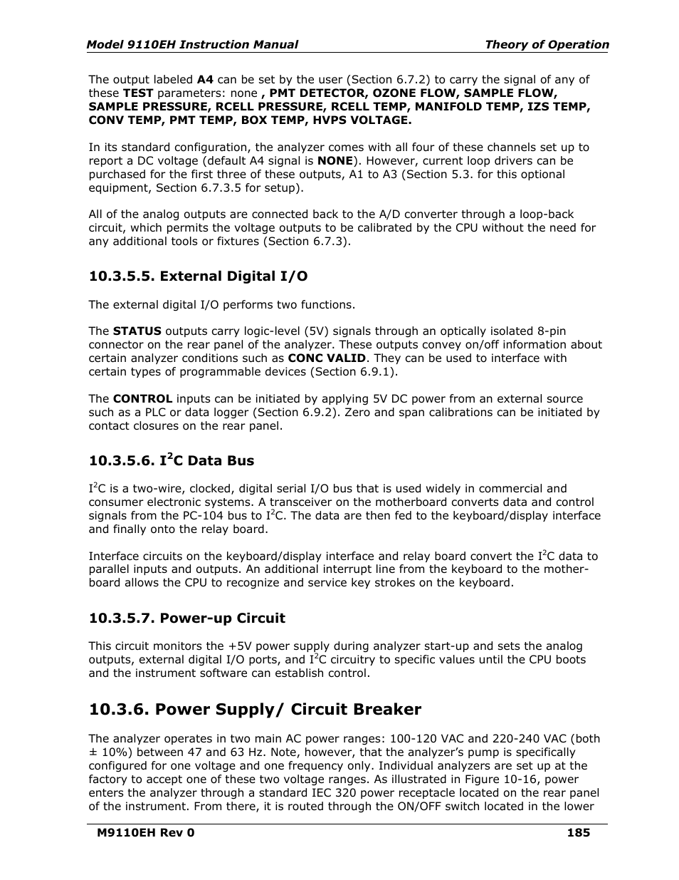 External digital i/o, I2c data bus, Power-up circuit | Power supply/ circuit breaker, C data bus | Teledyne 9110EH - Nitrogen Oxides Analyzer User Manual | Page 199 / 279