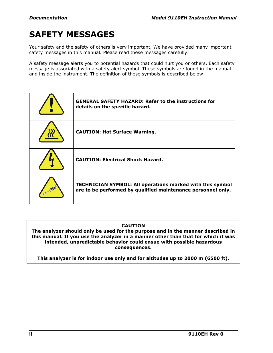 Safety messages | Teledyne 9110EH - Nitrogen Oxides Analyzer User Manual | Page 2 / 279