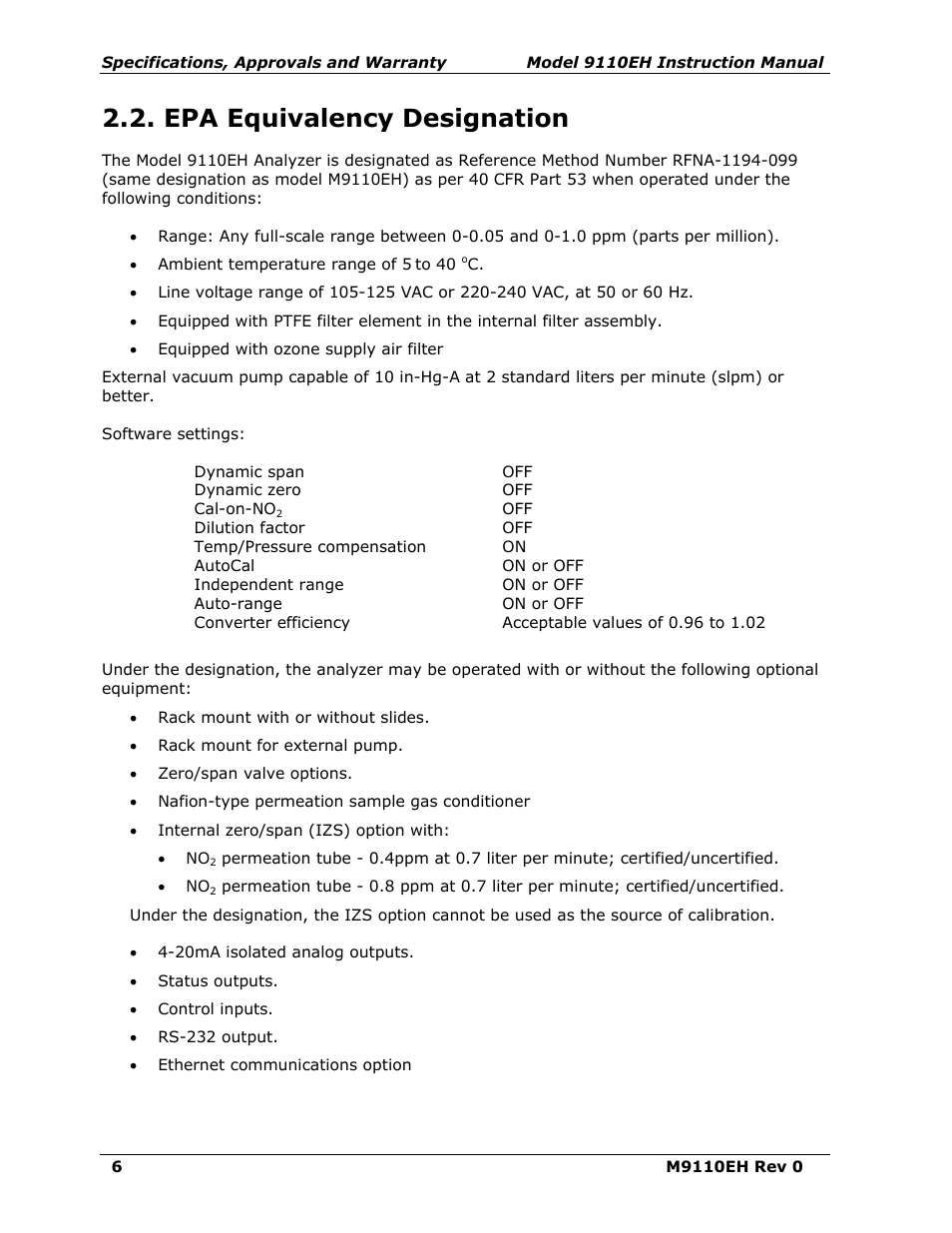 Epa equivalency designation | Teledyne 9110EH - Nitrogen Oxides Analyzer User Manual | Page 20 / 279