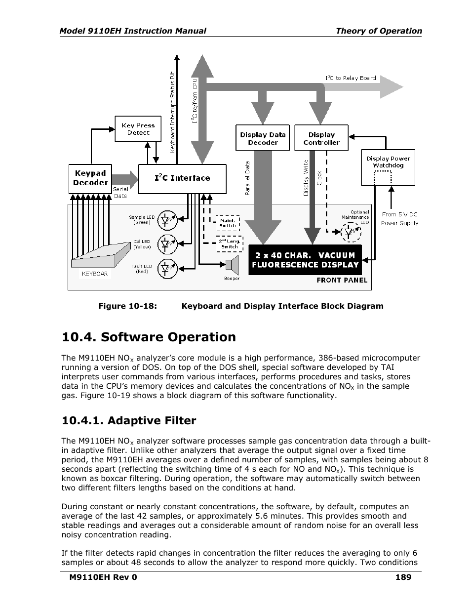 Software operation, Adaptive filter, Figure 10-18 | Keyboard and display interface block diagram | Teledyne 9110EH - Nitrogen Oxides Analyzer User Manual | Page 203 / 279