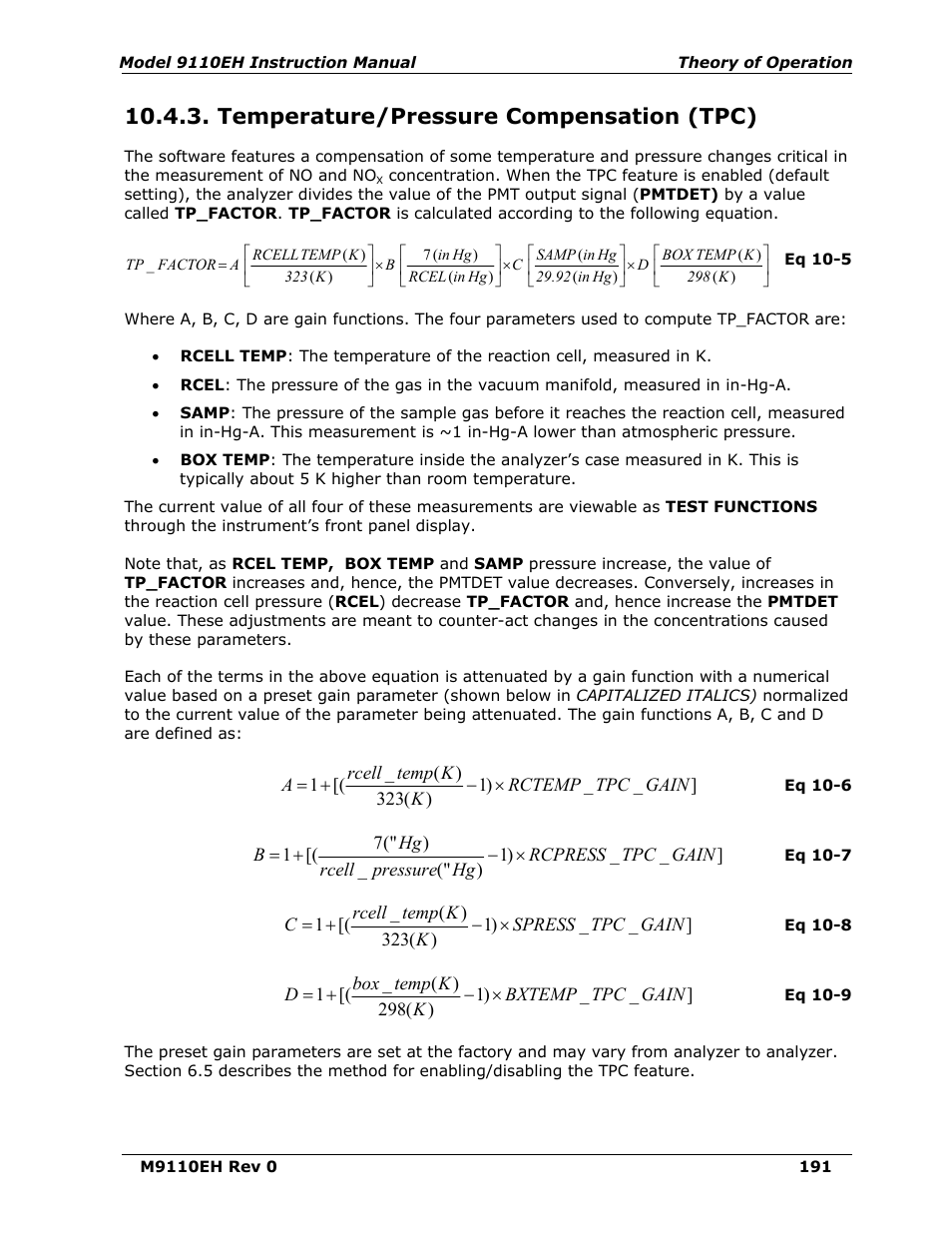 Temperature/pressure compensation (tpc), On 10.4.3), Section 10.4.3), the | Teledyne 9110EH - Nitrogen Oxides Analyzer User Manual | Page 205 / 279