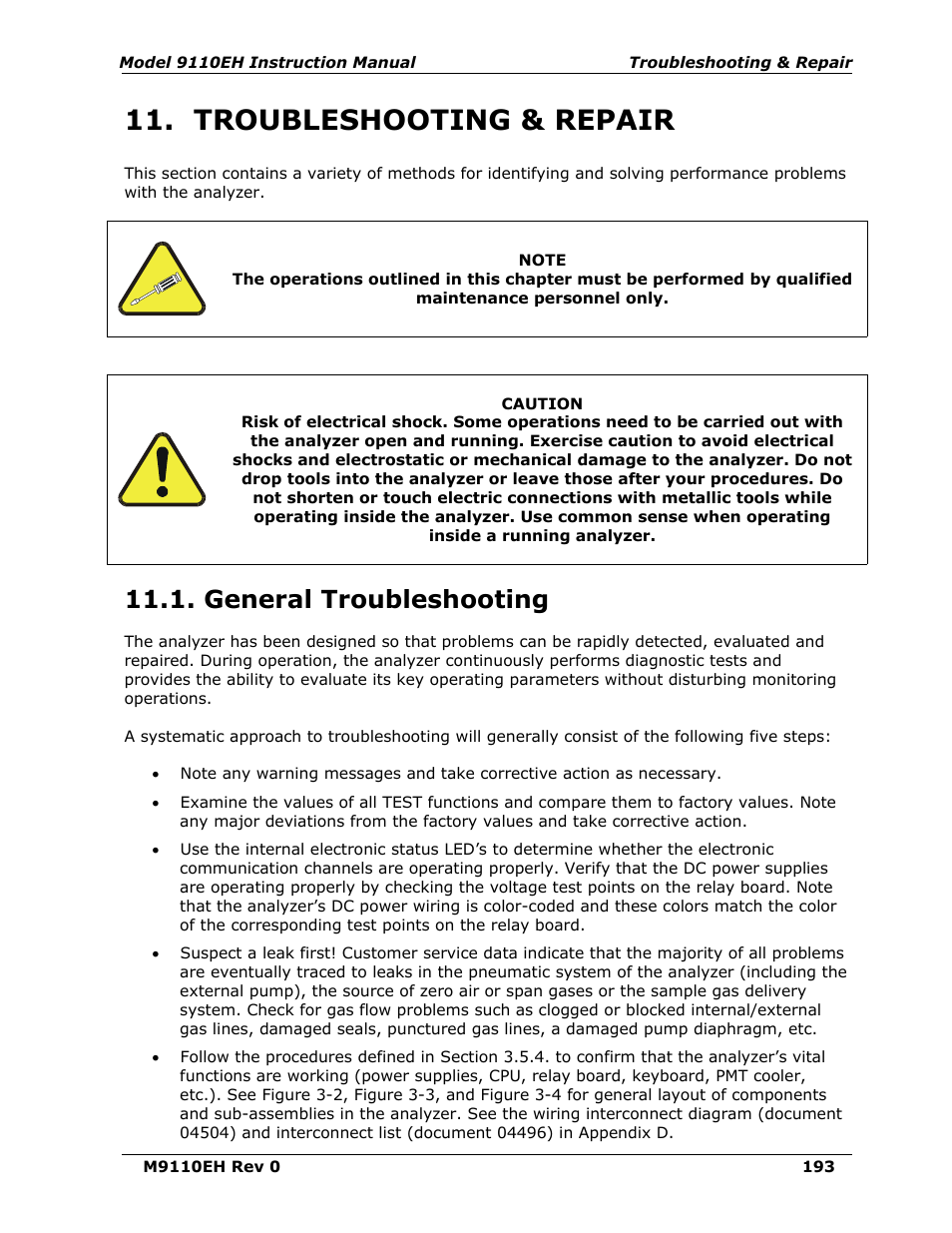 Troubleshooting & repair, General troubleshooting, R 11 | 1). the, N 11.1 expl, Bleshooting chapter 11 if, R 11 of, Are covered in chapter 11, R 11 on trouble-shoot | Teledyne 9110EH - Nitrogen Oxides Analyzer User Manual | Page 207 / 279