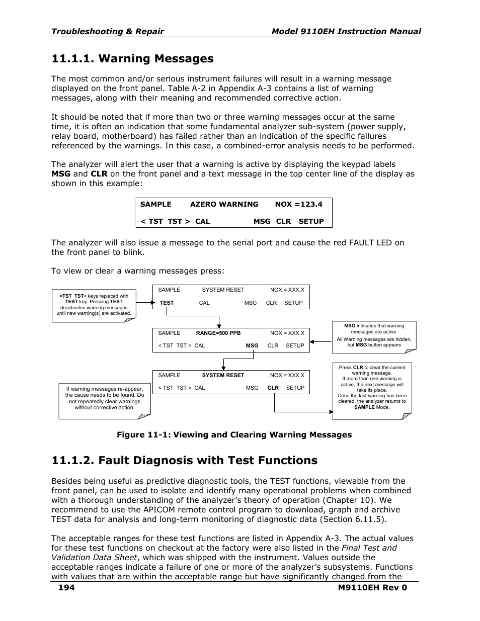 Warning messages, Fault diagnosis with test functions, Figure 11-1 | Viewing and clearing warning messages | Teledyne 9110EH - Nitrogen Oxides Analyzer User Manual | Page 208 / 279