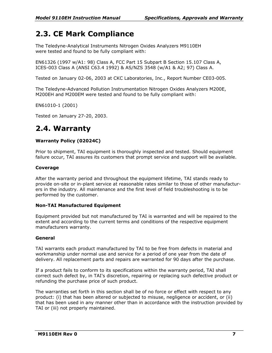 Ce mark compliance, Warranty | Teledyne 9110EH - Nitrogen Oxides Analyzer User Manual | Page 21 / 279