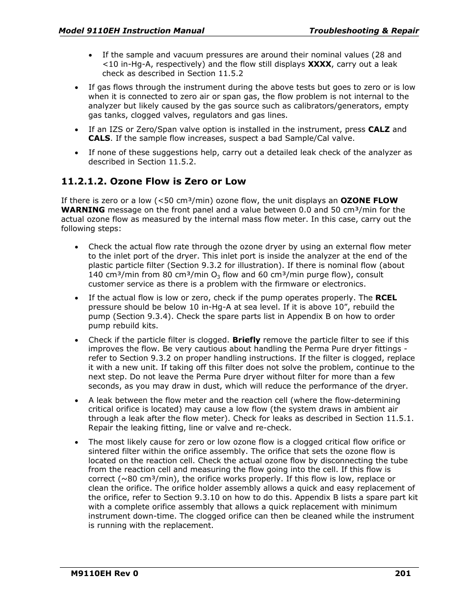 Ozone flow is zero or low | Teledyne 9110EH - Nitrogen Oxides Analyzer User Manual | Page 215 / 279