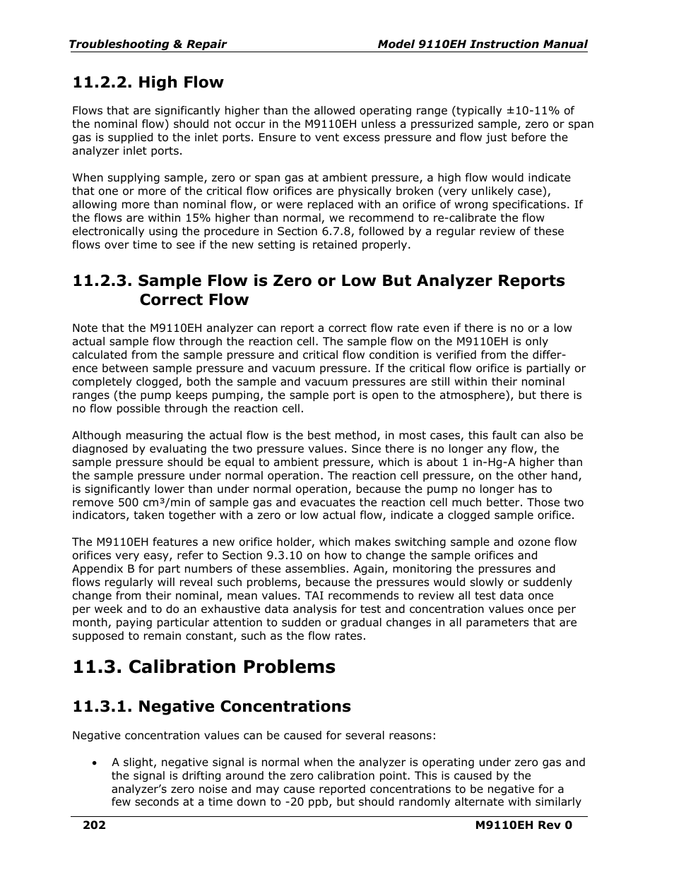 High flow, Calibration problems, Negative concentrations | Teledyne 9110EH - Nitrogen Oxides Analyzer User Manual | Page 216 / 279