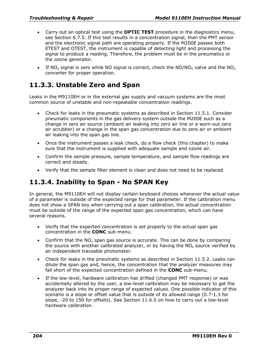 Unstable zero and span, Inability to span - no span key | Teledyne 9110EH - Nitrogen Oxides Analyzer User Manual | Page 218 / 279