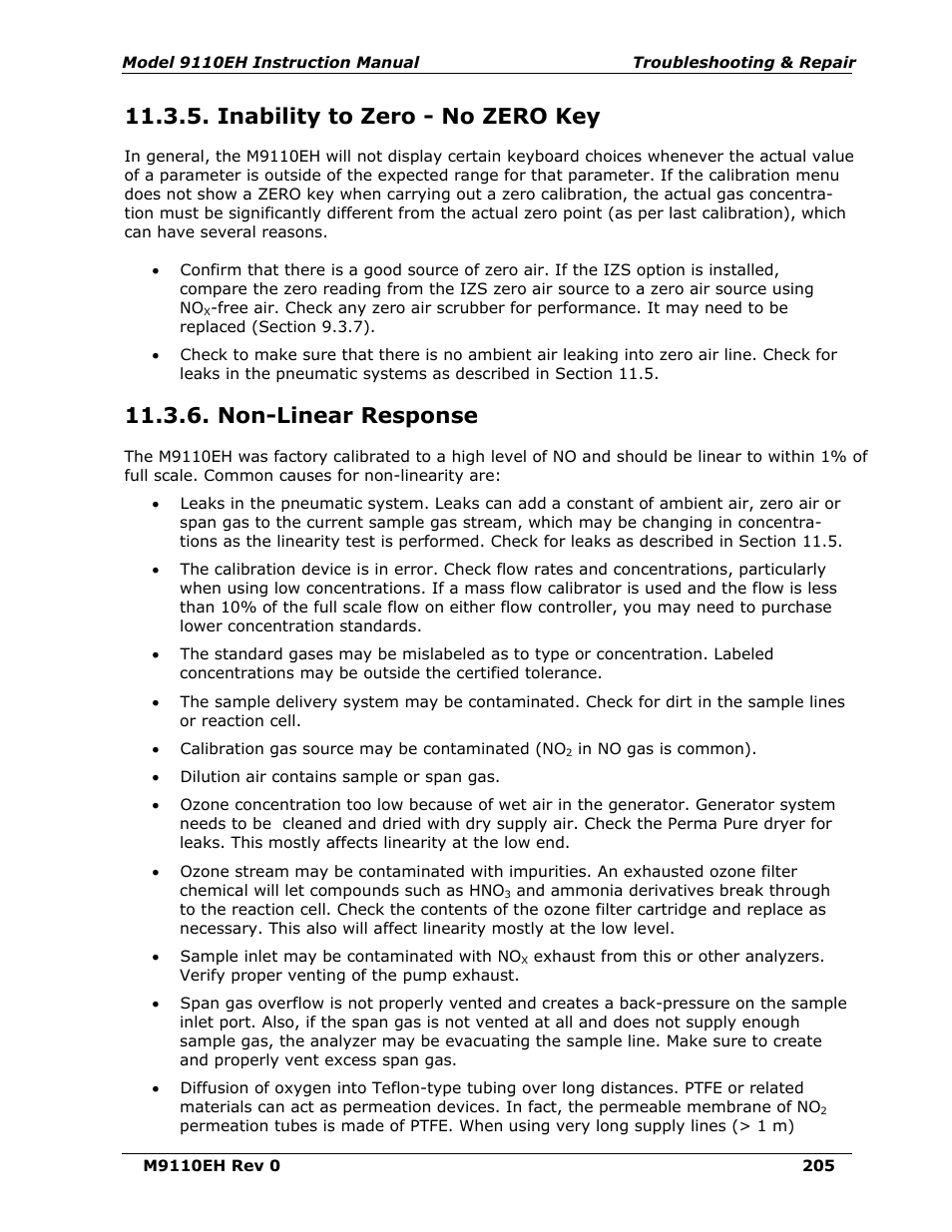 Inability to zero - no zero key, Non-linear response | Teledyne 9110EH - Nitrogen Oxides Analyzer User Manual | Page 219 / 279