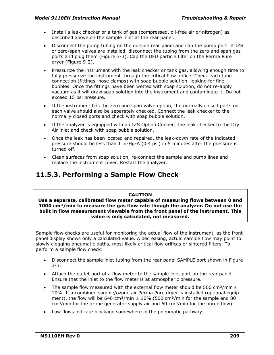 Performing a sample flow check | Teledyne 9110EH - Nitrogen Oxides Analyzer User Manual | Page 223 / 279