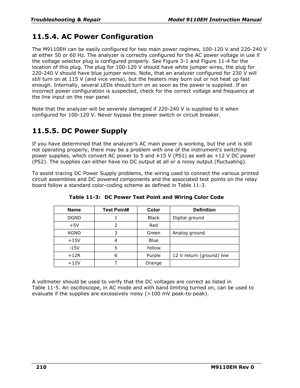 Ac power configuration, Dc power supply, Table 11-3 | Dc power test point and wiring color code | Teledyne 9110EH - Nitrogen Oxides Analyzer User Manual | Page 224 / 279