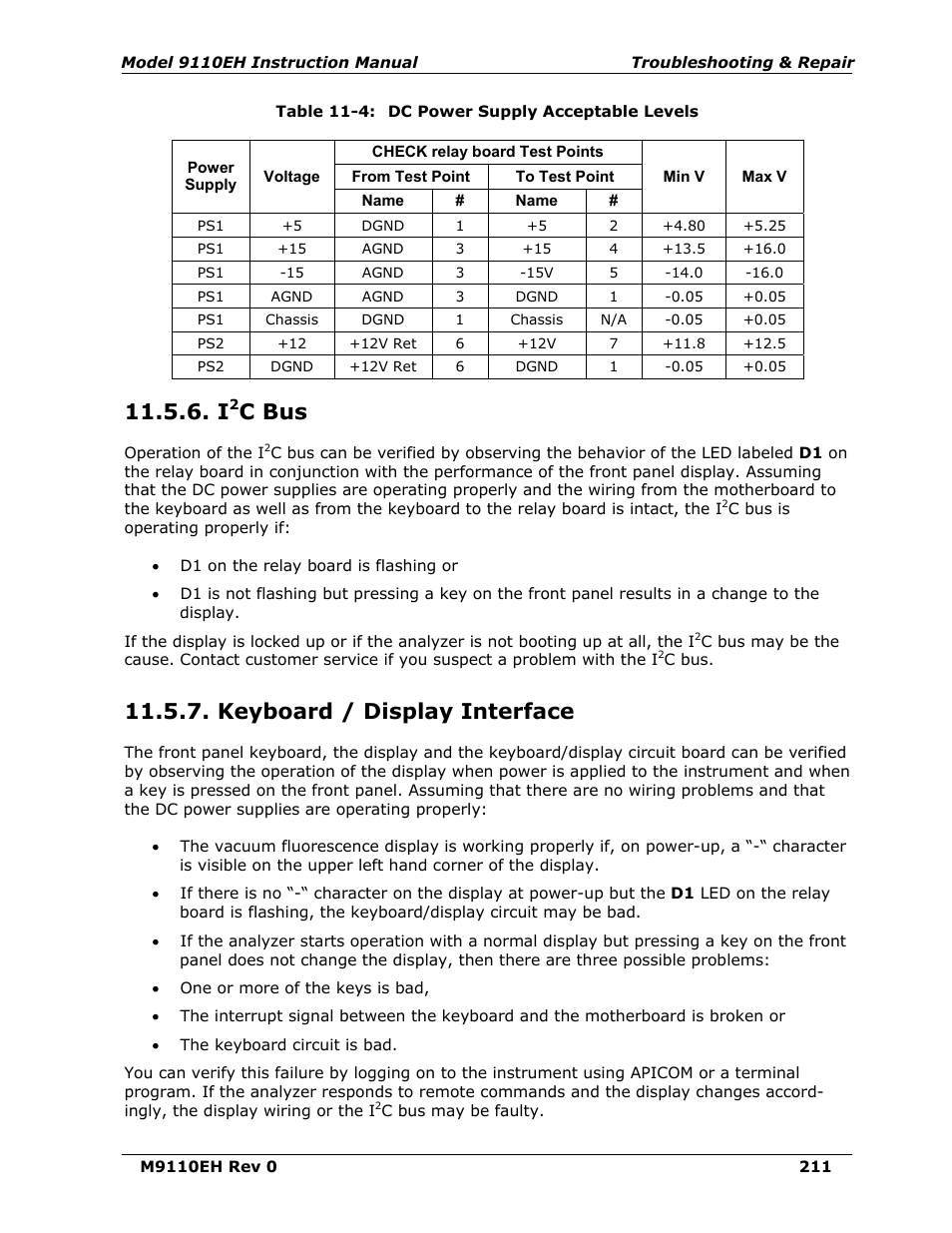 I2c bus, Keyboard / display interface, C bus | Table 11-4, Dc power supply acceptable levels | Teledyne 9110EH - Nitrogen Oxides Analyzer User Manual | Page 225 / 279