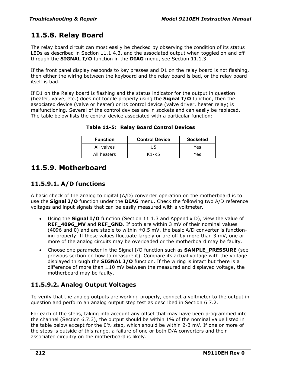 Relay board, Motherboard, A/d functions | Analog output voltages, Table 11-5, Relay board control devices | Teledyne 9110EH - Nitrogen Oxides Analyzer User Manual | Page 226 / 279