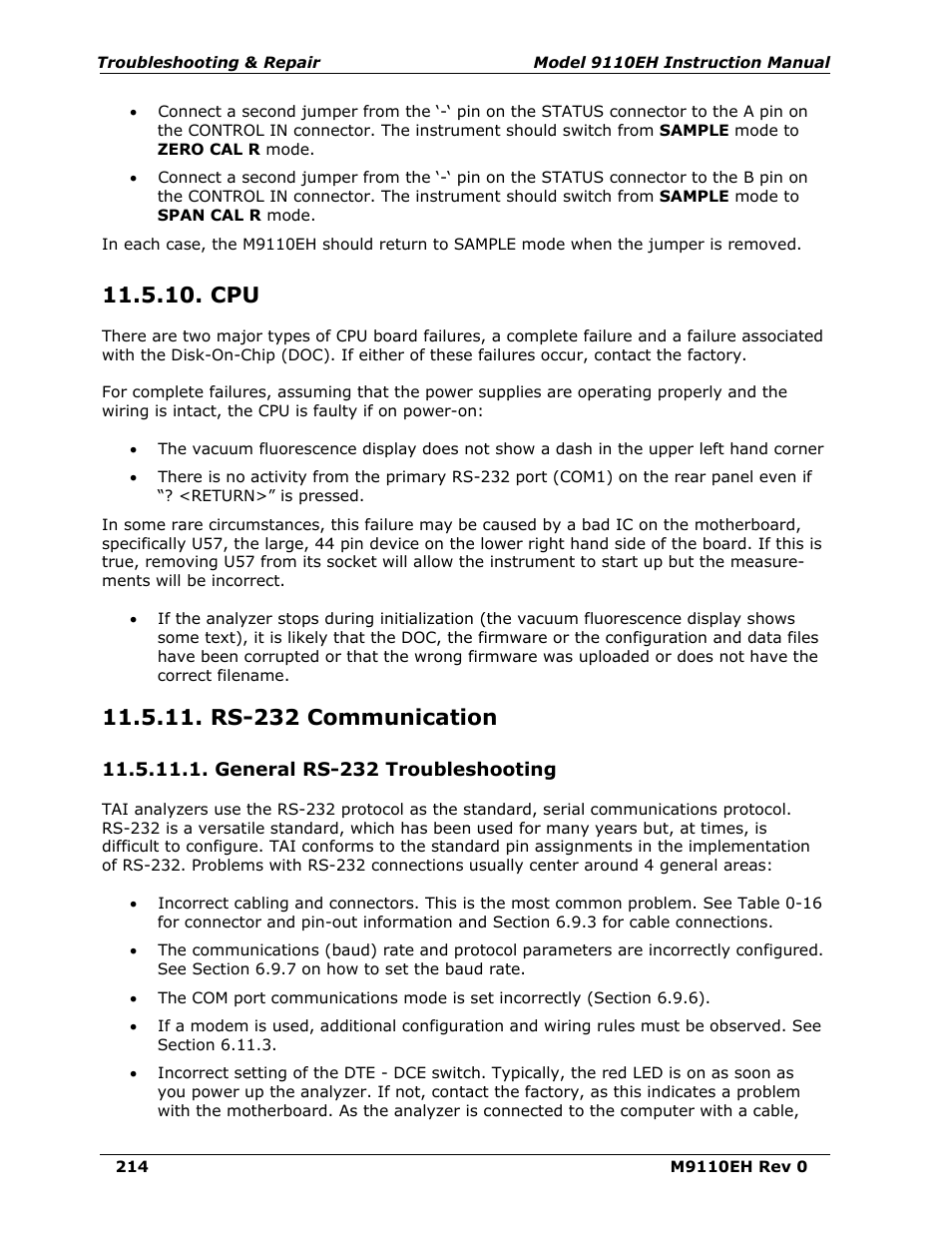 Rs-232 communication, General rs-232 troubleshooting | Teledyne 9110EH - Nitrogen Oxides Analyzer User Manual | Page 228 / 279