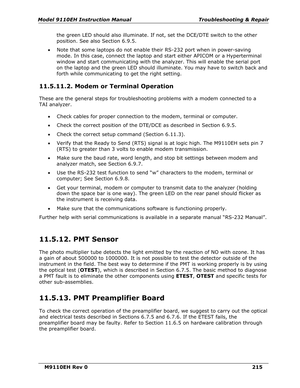 Modem or terminal operation, Pmt sensor, Pmt preamplifier board | Teledyne 9110EH - Nitrogen Oxides Analyzer User Manual | Page 229 / 279