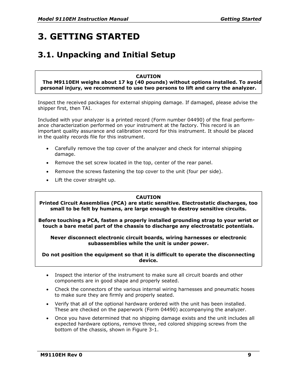 Getting started, Unpacking and initial setup | Teledyne 9110EH - Nitrogen Oxides Analyzer User Manual | Page 23 / 279