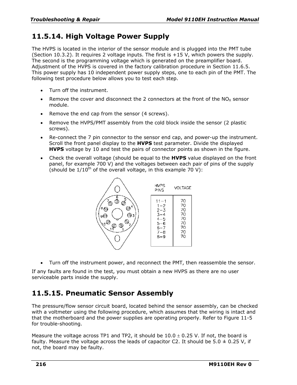 High voltage power supply, Pneumatic sensor assembly | Teledyne 9110EH - Nitrogen Oxides Analyzer User Manual | Page 230 / 279