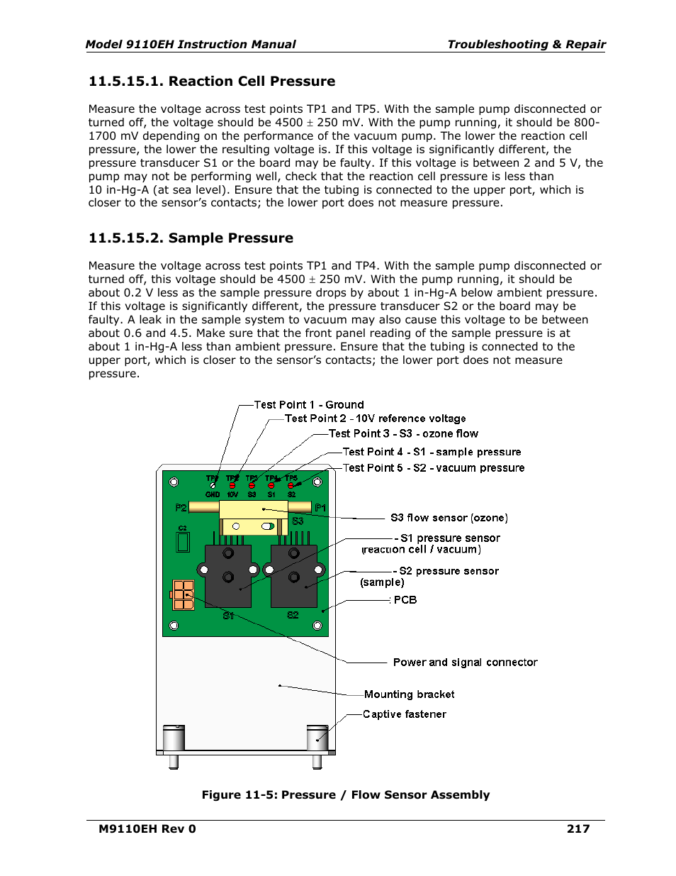 Reaction cell pressure, Sample pressure, Figure 11-5 | Pressure / flow sensor assembly, C sensor board (figure 11-5) | Teledyne 9110EH - Nitrogen Oxides Analyzer User Manual | Page 231 / 279