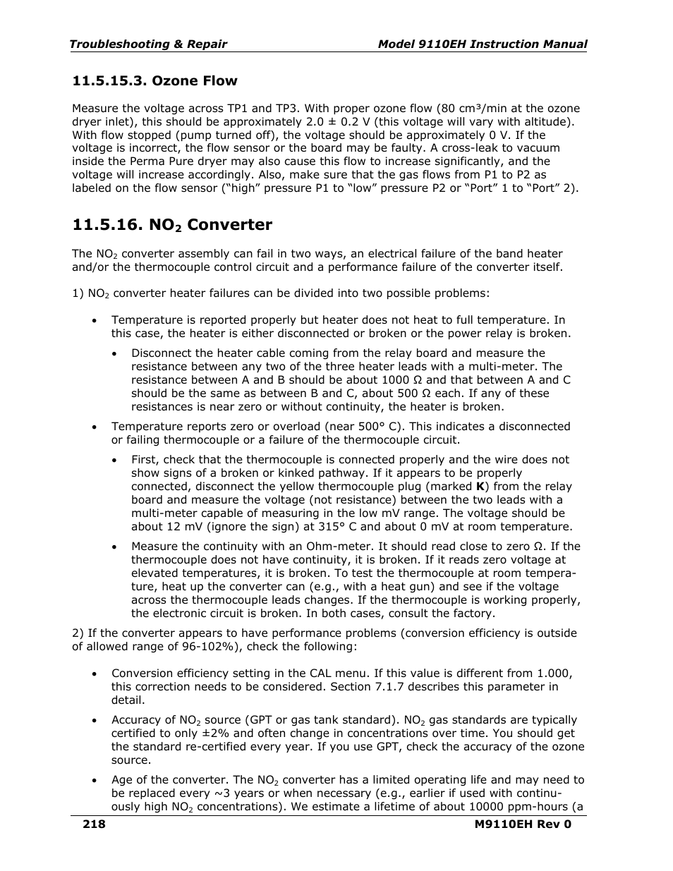 Ozone flow, No2 converter, Converter | Section 11.5.167 | Teledyne 9110EH - Nitrogen Oxides Analyzer User Manual | Page 232 / 279