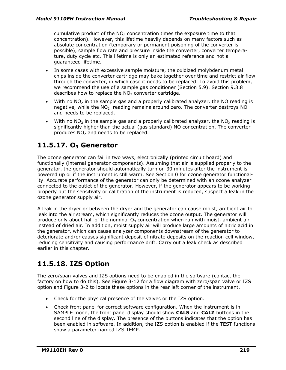 O3 generator, Izs option, Generator | Teledyne 9110EH - Nitrogen Oxides Analyzer User Manual | Page 233 / 279