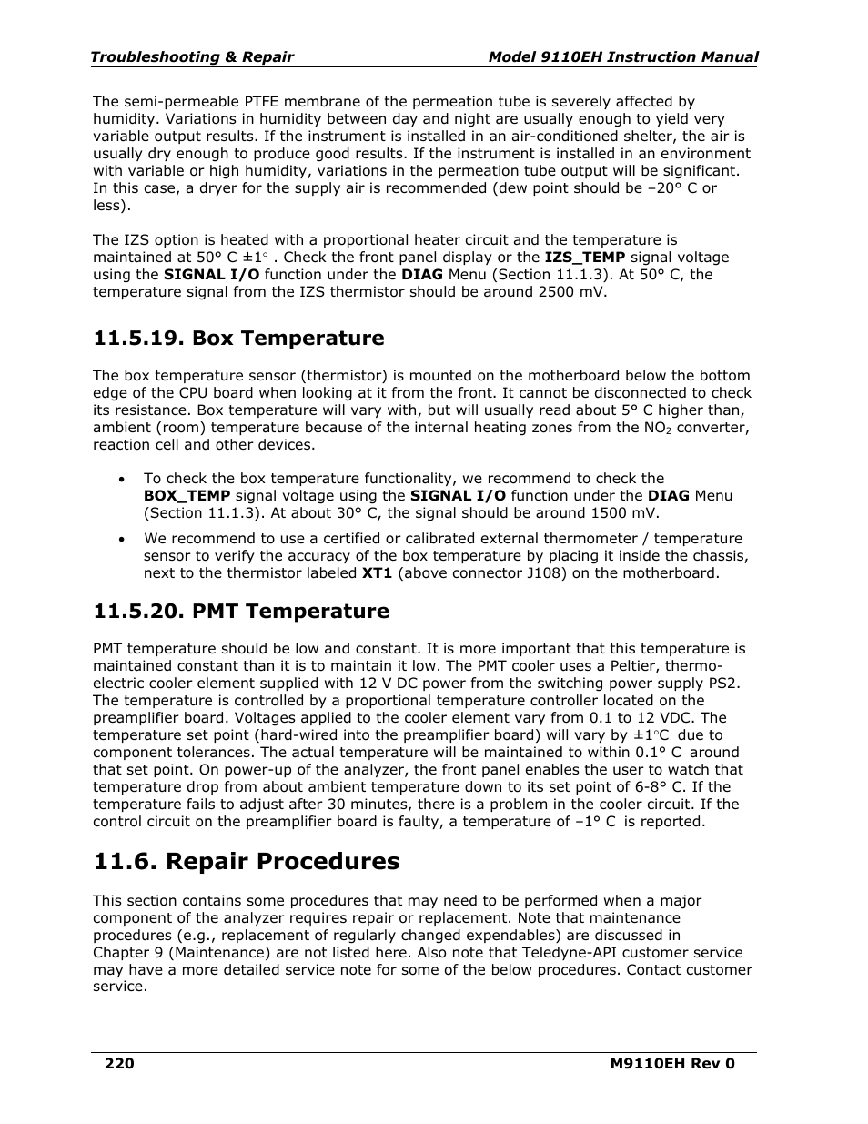 Box temperature, Pmt temperature, Repair procedures | Teledyne 9110EH - Nitrogen Oxides Analyzer User Manual | Page 234 / 279