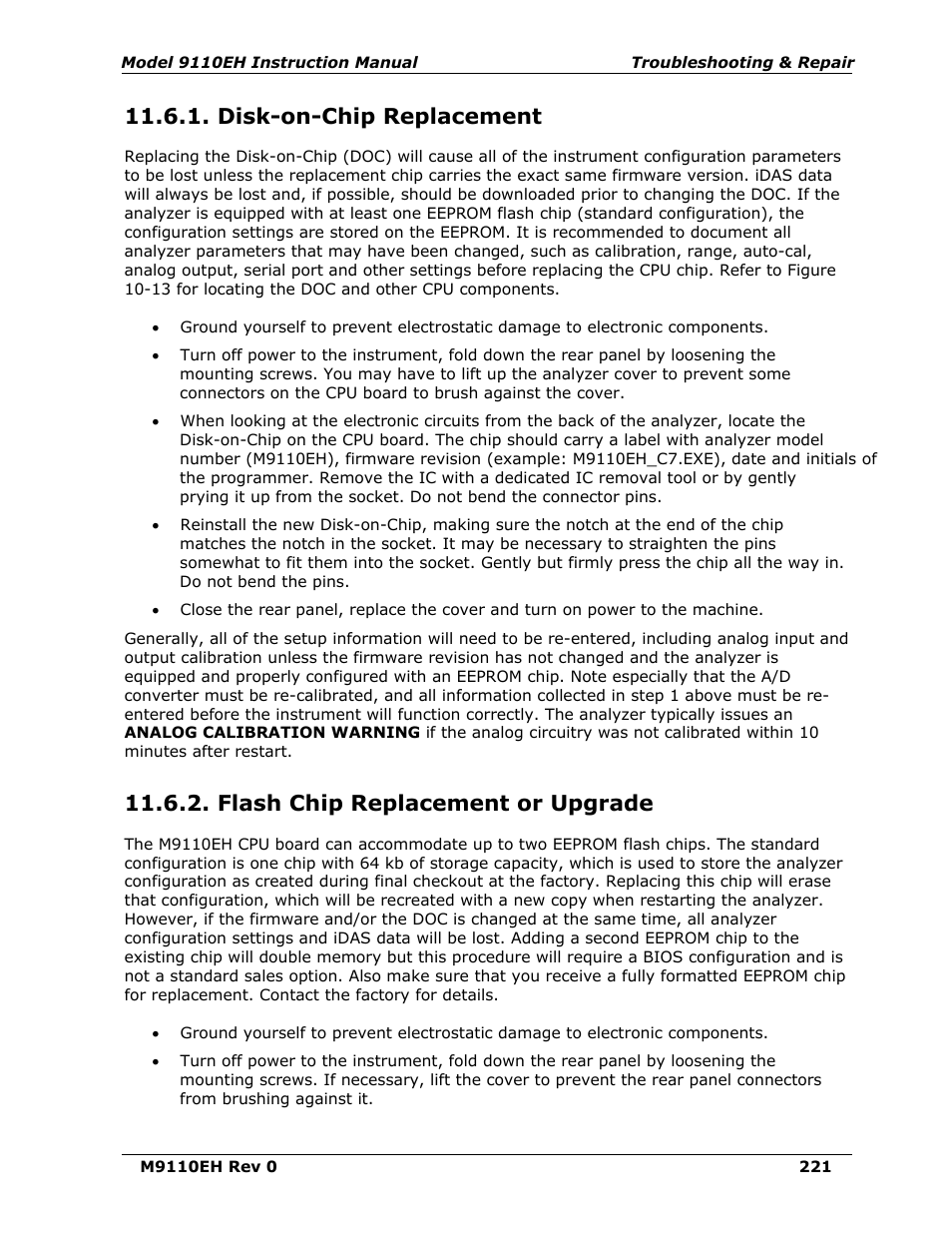 Disk-on-chip replacement, Flash chip replacement or upgrade | Teledyne 9110EH - Nitrogen Oxides Analyzer User Manual | Page 235 / 279