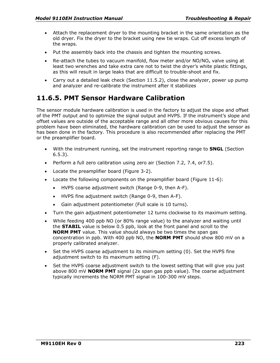 Pmt sensor hardware calibration, Set this voltage, see section 11.6.5, Ction 11.6.5 for this h | On 11.6.5), N 11.6.5 on ho, 5 in order to minimize the, Ction 11.6.5 o | Teledyne 9110EH - Nitrogen Oxides Analyzer User Manual | Page 237 / 279