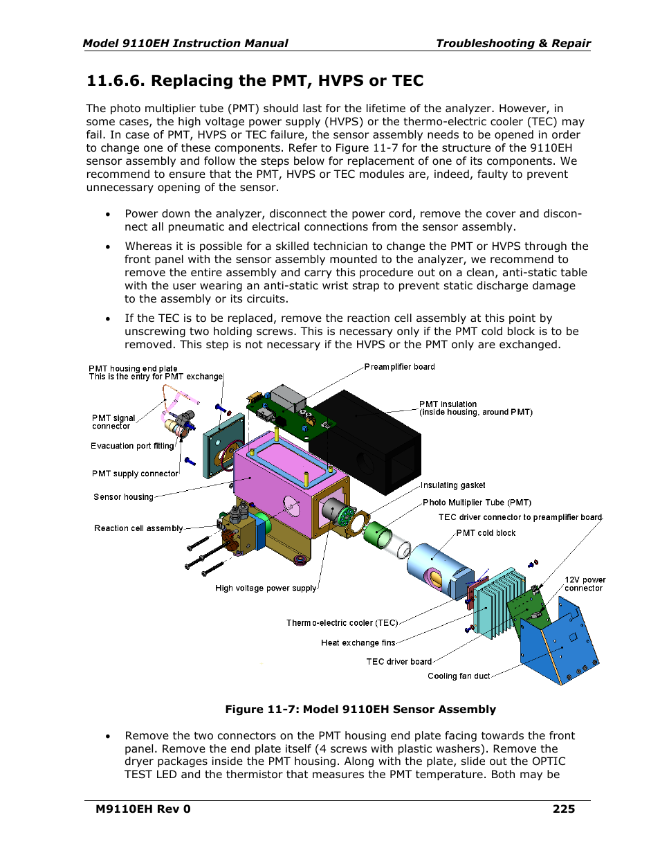 Replacing the pmt, hvps or tec, Figure 11-7, M9110eh sensor assembly | Figure 11-7). t | Teledyne 9110EH - Nitrogen Oxides Analyzer User Manual | Page 239 / 279