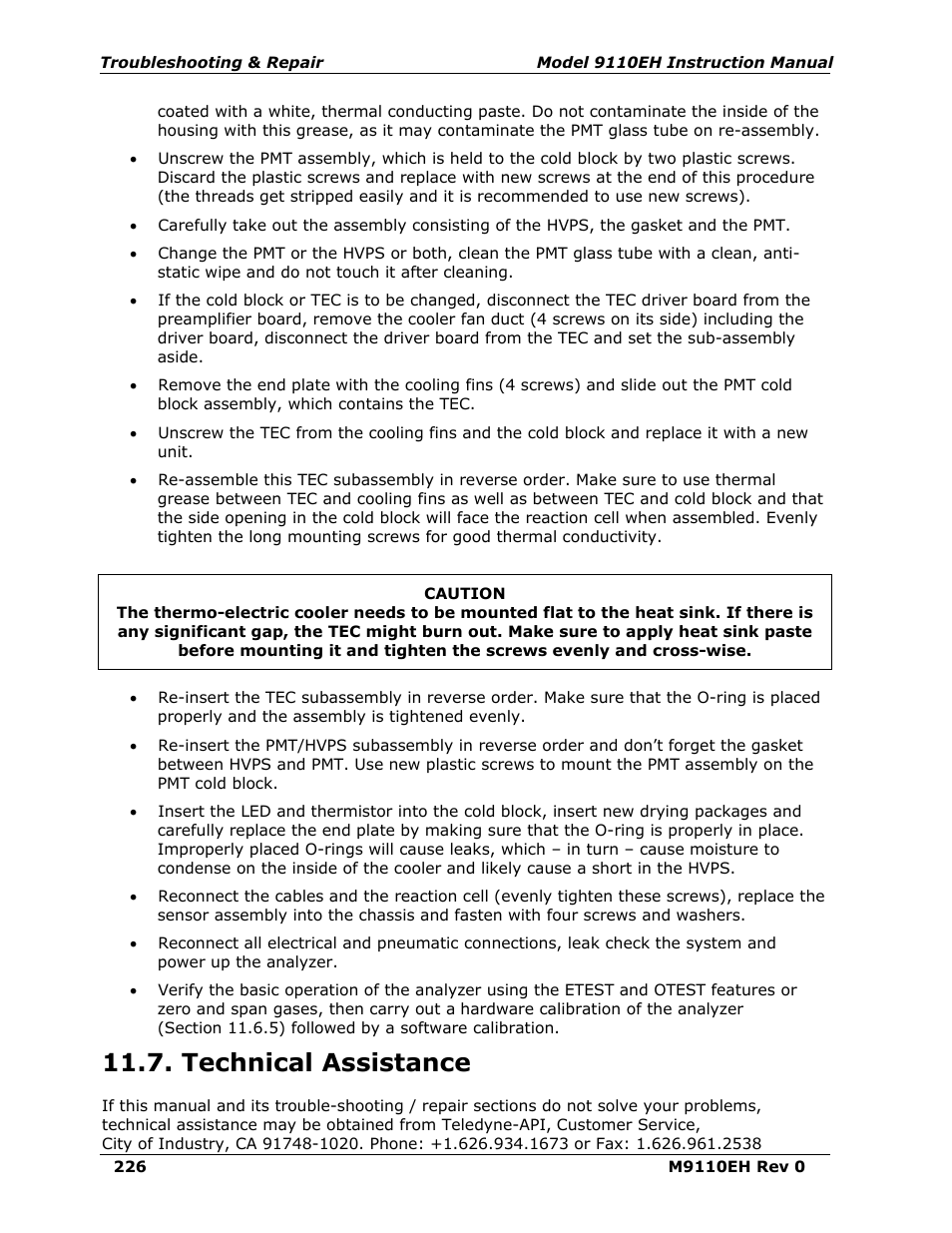 Technical assistance | Teledyne 9110EH - Nitrogen Oxides Analyzer User Manual | Page 240 / 279