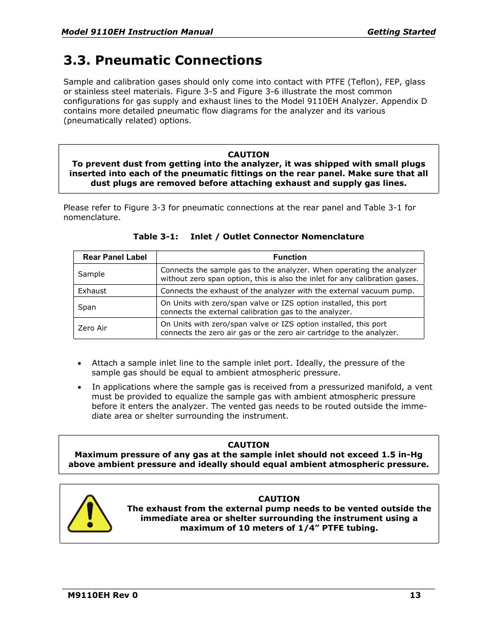 Pneumatic connections, Table 3-1, Inlet / outlet connector nomenclature | Teledyne 9110EH - Nitrogen Oxides Analyzer User Manual | Page 27 / 279