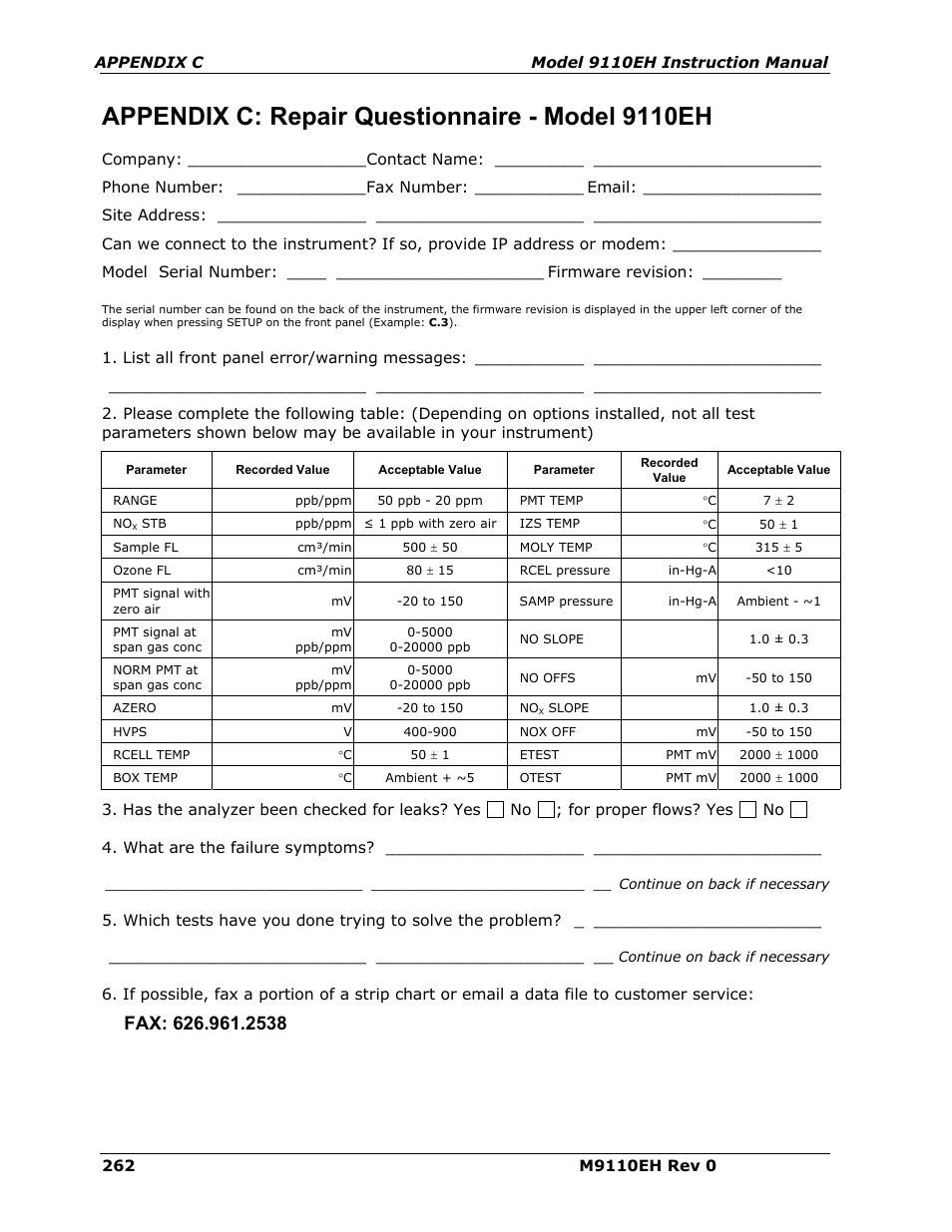 Appendix c, Repair questionnaire - m200e, Appendix c: repair questionnaire - model 9110eh | Teledyne 9110EH - Nitrogen Oxides Analyzer User Manual | Page 276 / 279