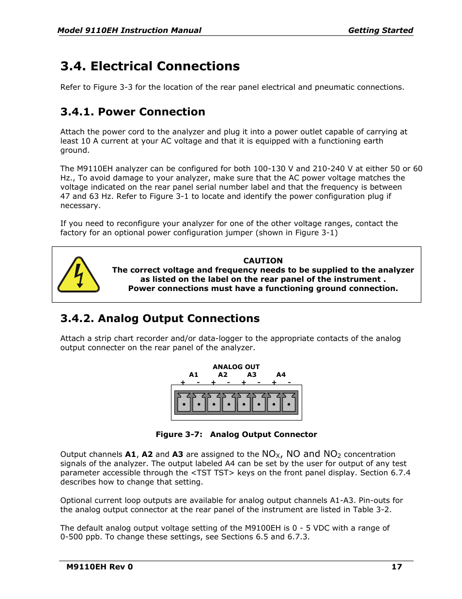 Electrical connections, Power connection, Analog output connections | Figure 3-7, Analog output connector | Teledyne 9110EH - Nitrogen Oxides Analyzer User Manual | Page 31 / 279