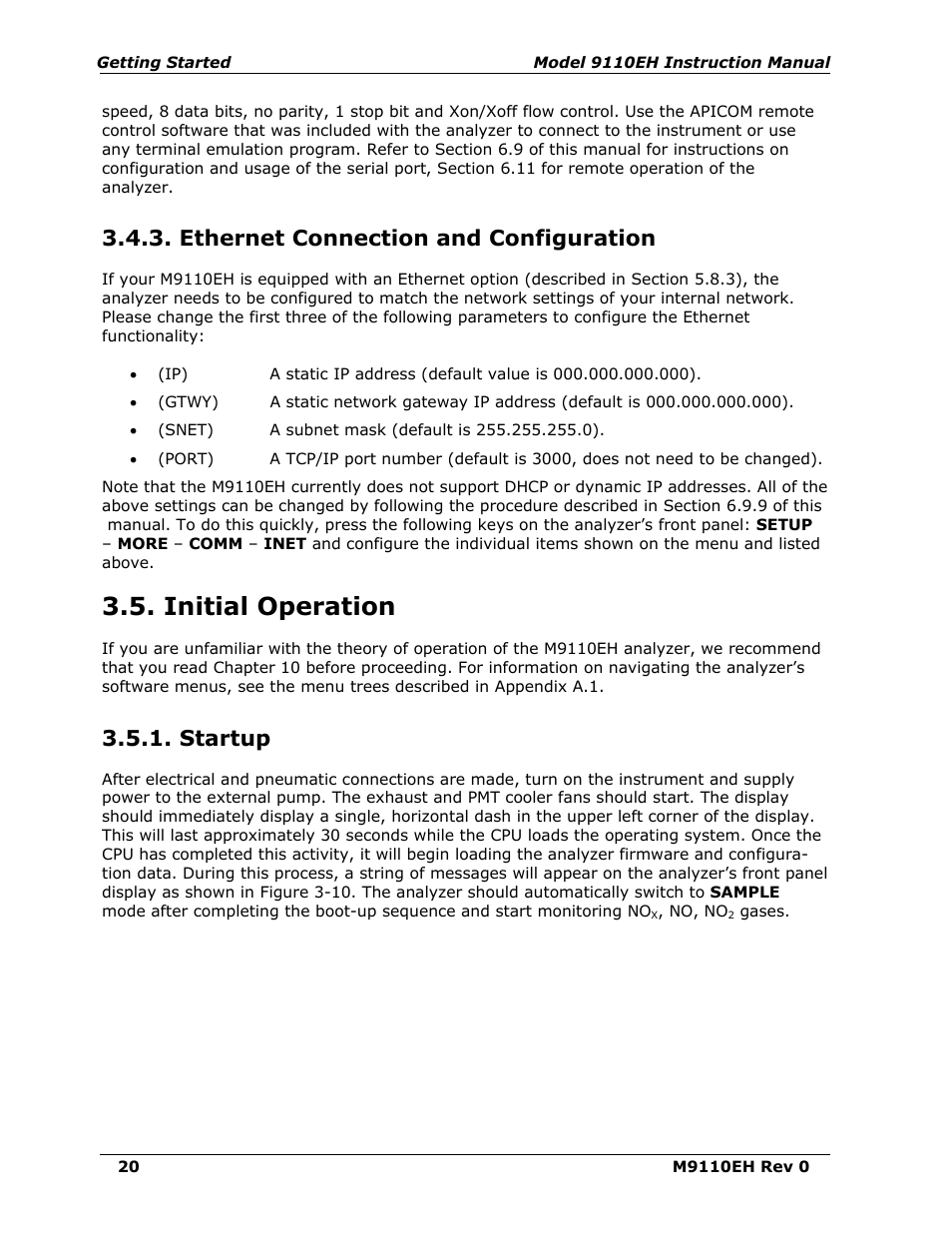 Ethernet connection and configuration, Initial operation, Startup | Teledyne 9110EH - Nitrogen Oxides Analyzer User Manual | Page 34 / 279