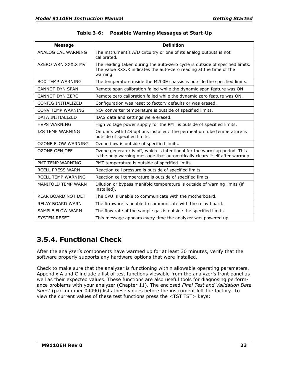 Functional check, Table 3-6, Possible warning messages at start-up | Teledyne 9110EH - Nitrogen Oxides Analyzer User Manual | Page 37 / 279