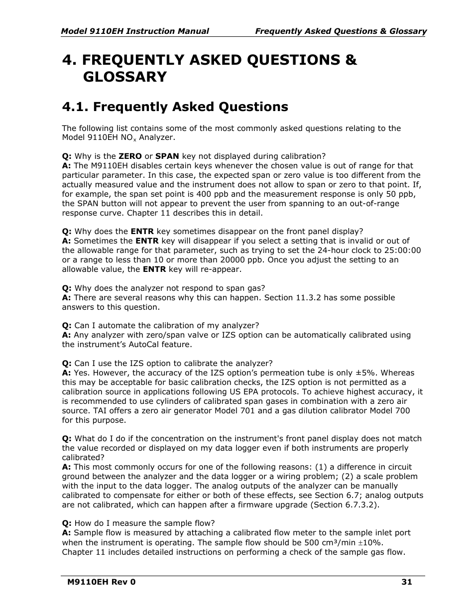 Frequently asked questions & glossary, Frequently asked questions | Teledyne 9110EH - Nitrogen Oxides Analyzer User Manual | Page 45 / 279