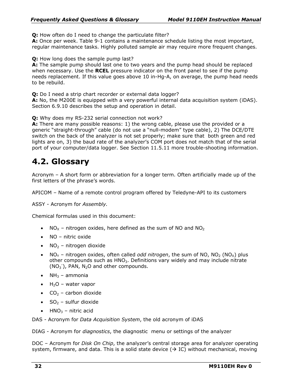 Glossary, Ptfe (teflon | Teledyne 9110EH - Nitrogen Oxides Analyzer User Manual | Page 46 / 279