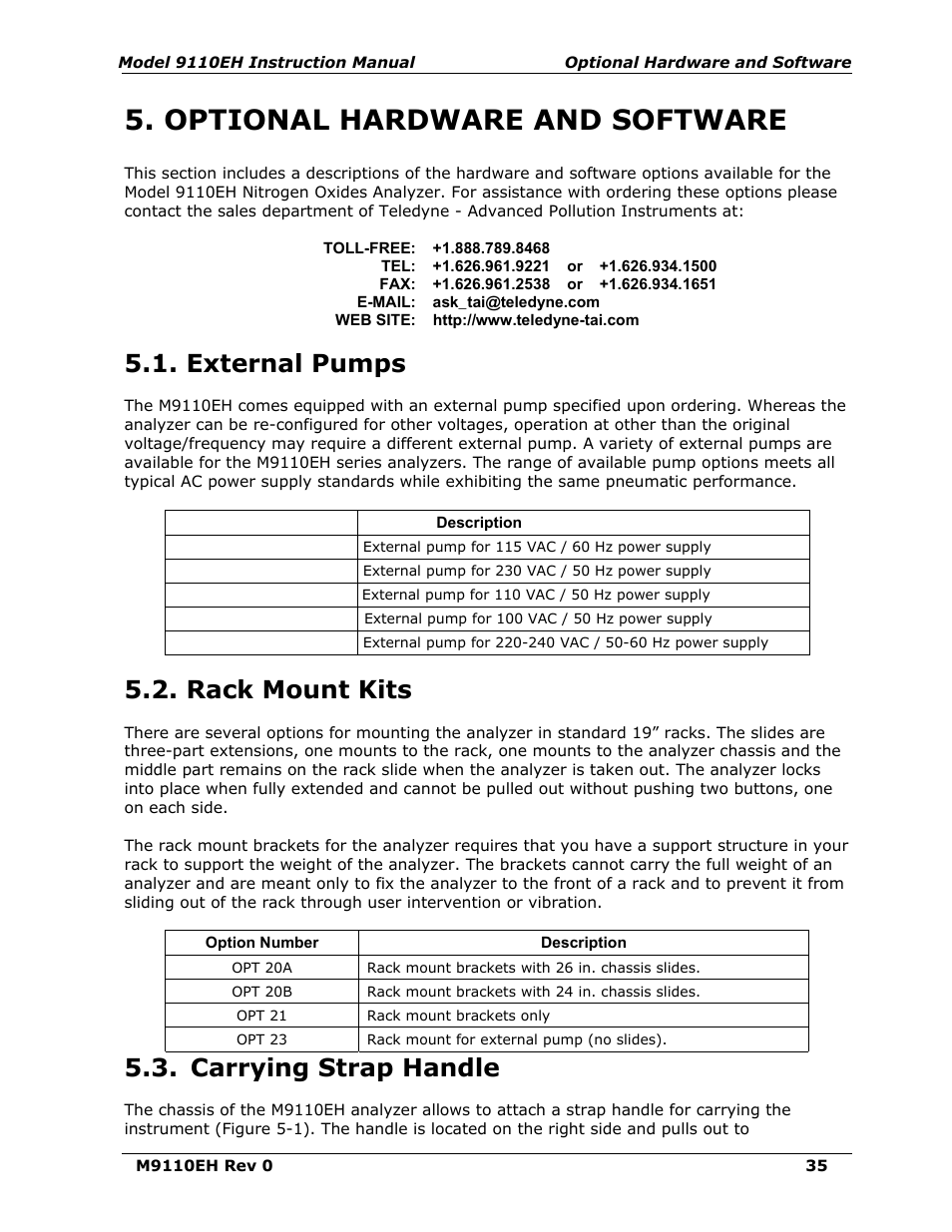 Optional hardware and software, External pumps (option 10), Rack mount kits (options 20-23) | Carrying strap handle (option 29), Ter 5 f, External pumps, Rack mount kits, Carrying strap handle | Teledyne 9110EH - Nitrogen Oxides Analyzer User Manual | Page 49 / 279