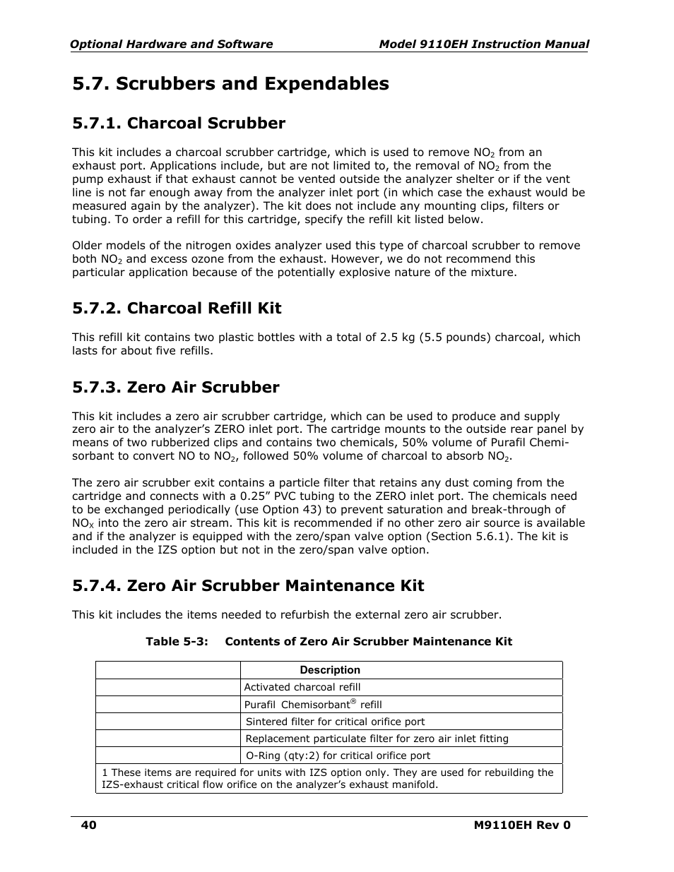 Scrubbers and expendables, Charcoal scrubber (option 64a), Charcoal refill kit (part# 00596) | Zero air scrubber (option 64b), Zero air scrubber maintenance kit (option 43), Table 5-3, Contents of zero air scrubber maintenance kit, Charcoal scrubber, Charcoal refill kit, Zero air scrubber | Teledyne 9110EH - Nitrogen Oxides Analyzer User Manual | Page 54 / 279