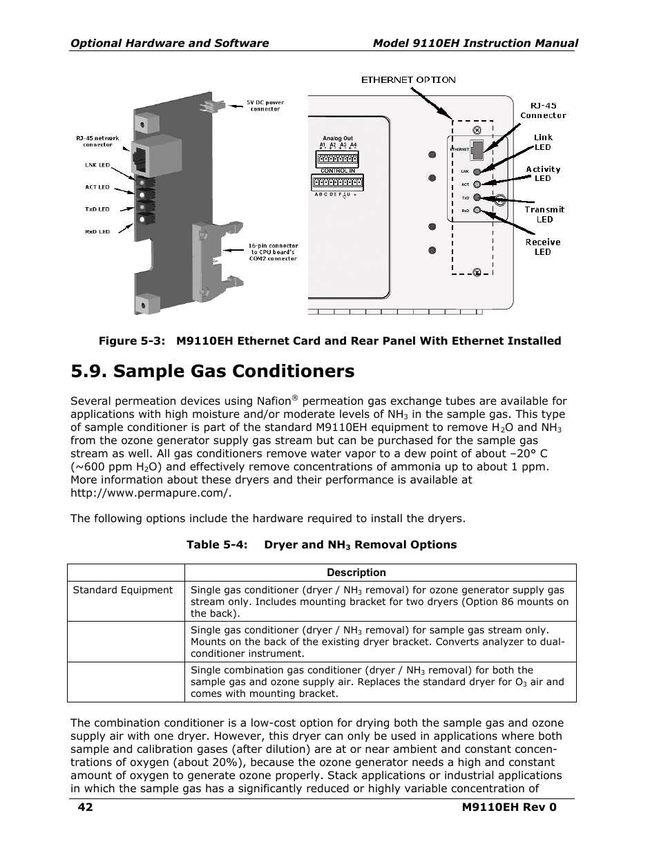 Sample gas conditioners (options 86 & 88), Figure 5-3, Table 5-4 | Dryer and nh, Removal options, Sample gas conditioners | Teledyne 9110EH - Nitrogen Oxides Analyzer User Manual | Page 56 / 279