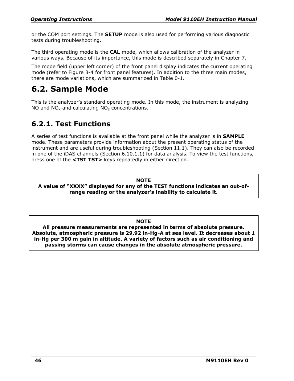 Sample mode, Test functions | Teledyne 9110EH - Nitrogen Oxides Analyzer User Manual | Page 60 / 279