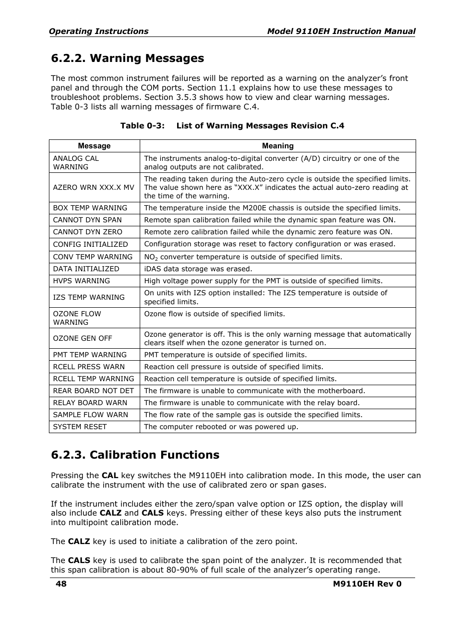 Warning messages, Calibration functions, Table 6-3 | List of warning messages revision c.4 | Teledyne 9110EH - Nitrogen Oxides Analyzer User Manual | Page 62 / 279