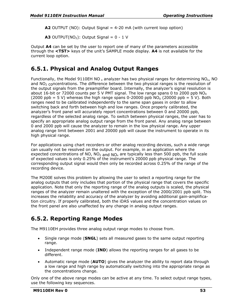 Physical and analog output ranges, Reporting range modes | Teledyne 9110EH - Nitrogen Oxides Analyzer User Manual | Page 67 / 279