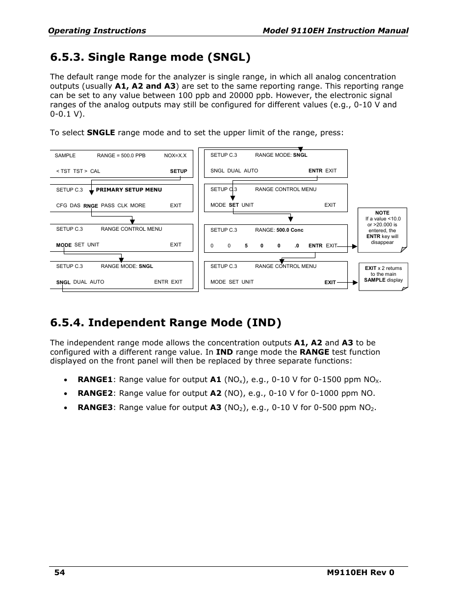 Single range mode (sngl), Independent range mode (ind) | Teledyne 9110EH - Nitrogen Oxides Analyzer User Manual | Page 68 / 279