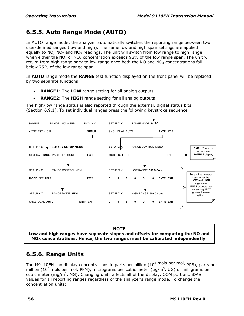 Auto range mode (auto), Range units, And no | Mols per mol, ppb), parts per million (10, Ug) or milligrams per cubic meter (mg/m | Teledyne 9110EH - Nitrogen Oxides Analyzer User Manual | Page 70 / 279