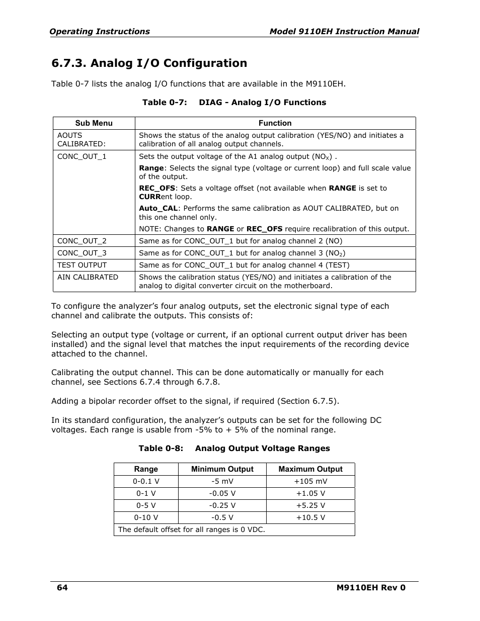 Analog i/o configuration, Table 6-7, Diag - analog i/o functions | Table 6-8, Analog output voltage ranges | Teledyne 9110EH - Nitrogen Oxides Analyzer User Manual | Page 78 / 279