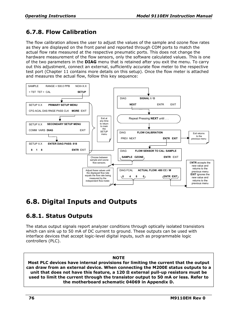 Flow calibration, Digital inputs and outputs, Status outputs | Nu (section 6.8.1), Through 6.7.8 | Teledyne 9110EH - Nitrogen Oxides Analyzer User Manual | Page 90 / 279