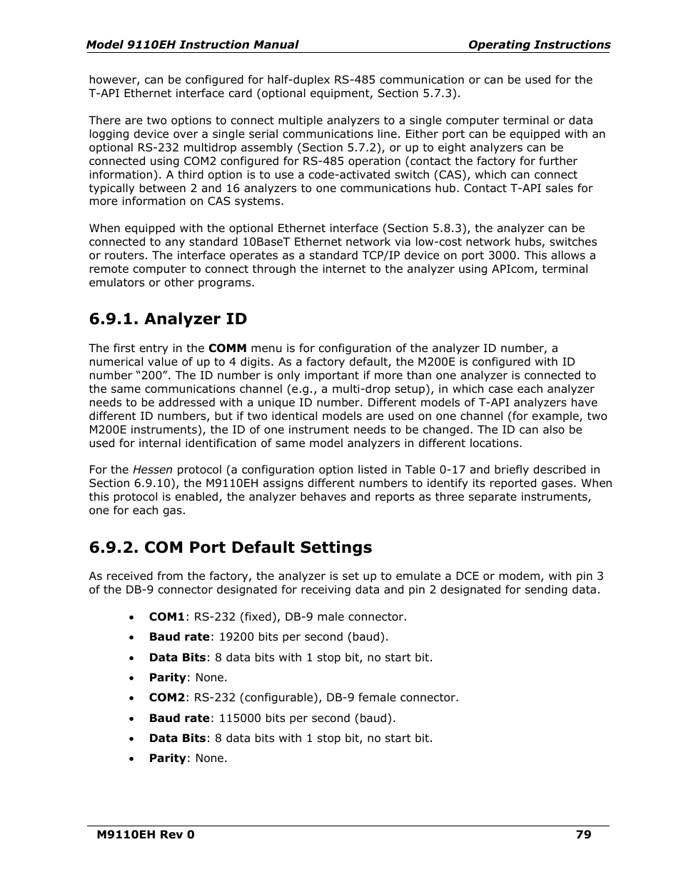 Analyzer id, Com port default settings | Teledyne 9110EH - Nitrogen Oxides Analyzer User Manual | Page 93 / 279