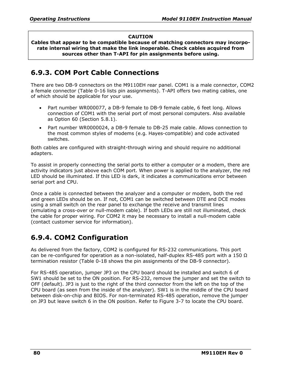 Com port cable connections, Com2 configuration | Teledyne 9110EH - Nitrogen Oxides Analyzer User Manual | Page 94 / 279