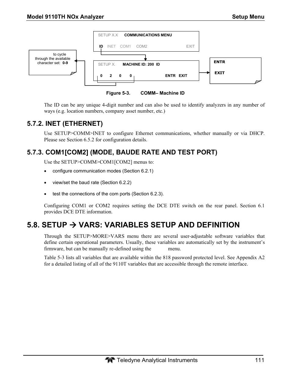 Setup  vars: variables setup and definition, Inet (ethernet), Com1[com2] (mode, baude rate and test port) | Teledyne 9110T - Nitrogen Oxides Analyzer User Manual | Page 111 / 378