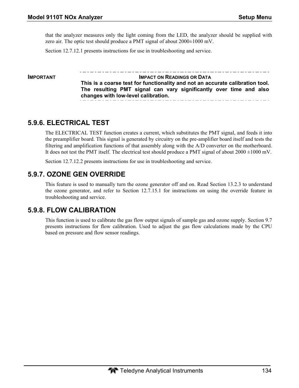 Electrical test, Ozone gen override, Flow calibration | Teledyne 9110T - Nitrogen Oxides Analyzer User Manual | Page 134 / 378