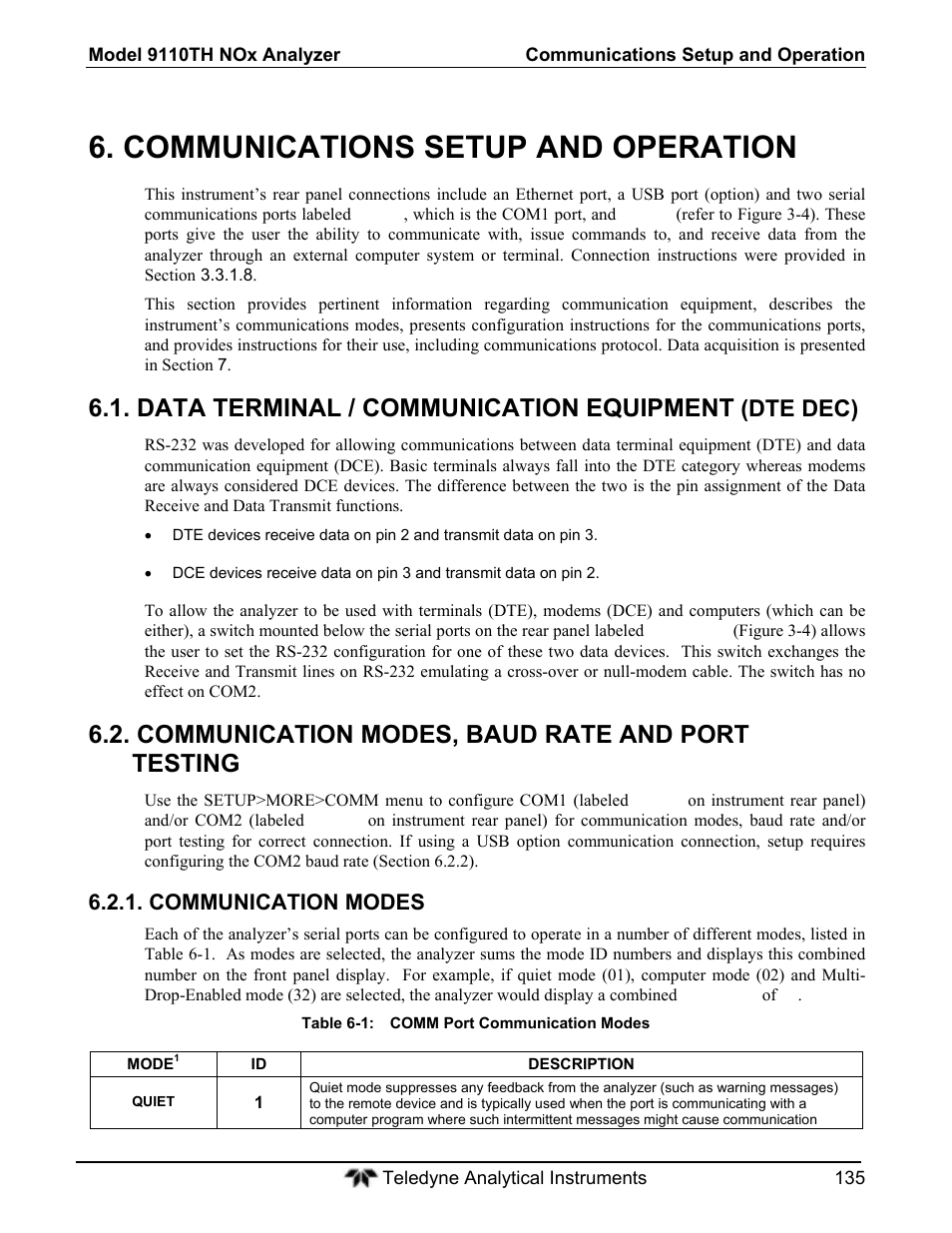 Communications setup and operation, Data terminal / communication equipment, Communication modes, baud rate and port testing | Dte dec) | Teledyne 9110T - Nitrogen Oxides Analyzer User Manual | Page 135 / 378